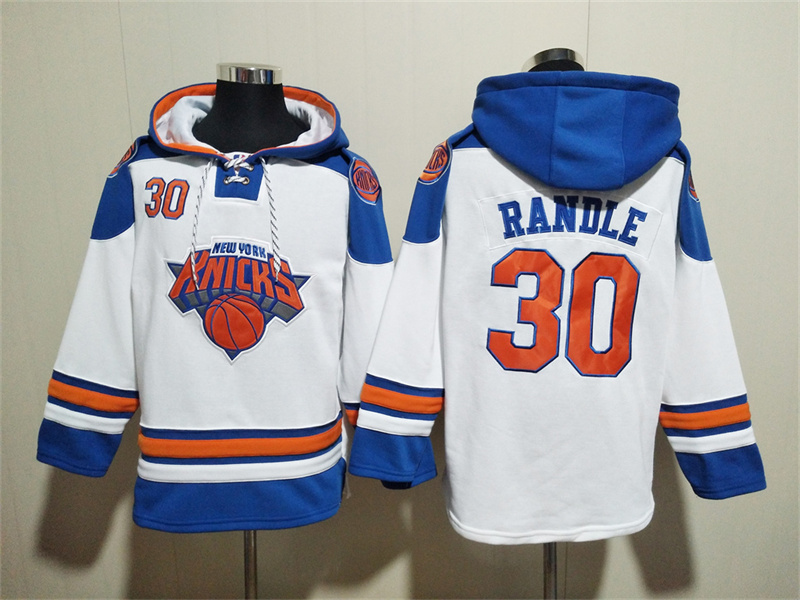 Men's New Yok Knicks #30 Julius Randle White Lace-Up Pullover Hoodie Men's New Yok Knicks #30 Julius Randle White Lace-Up Pullover Hoodie